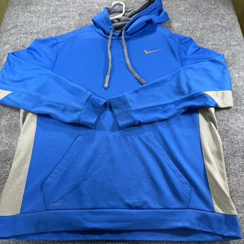 Nike Therma Fit Men's Hoodie Pullover Navy XXL Kangaroo Pocket Blue Gray